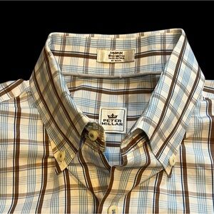 Peter Millar Shirt Mens Medium Blue, Brown & White Plaid Long Sleeve Button Down